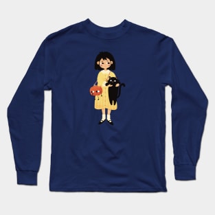 Halloween Girl with Black Cat and Pumpkin | Halloween Lovers Gift | Cute Gift Ideas| Handmade Illustrations by Atelier Serakara Long Sleeve T-Shirt